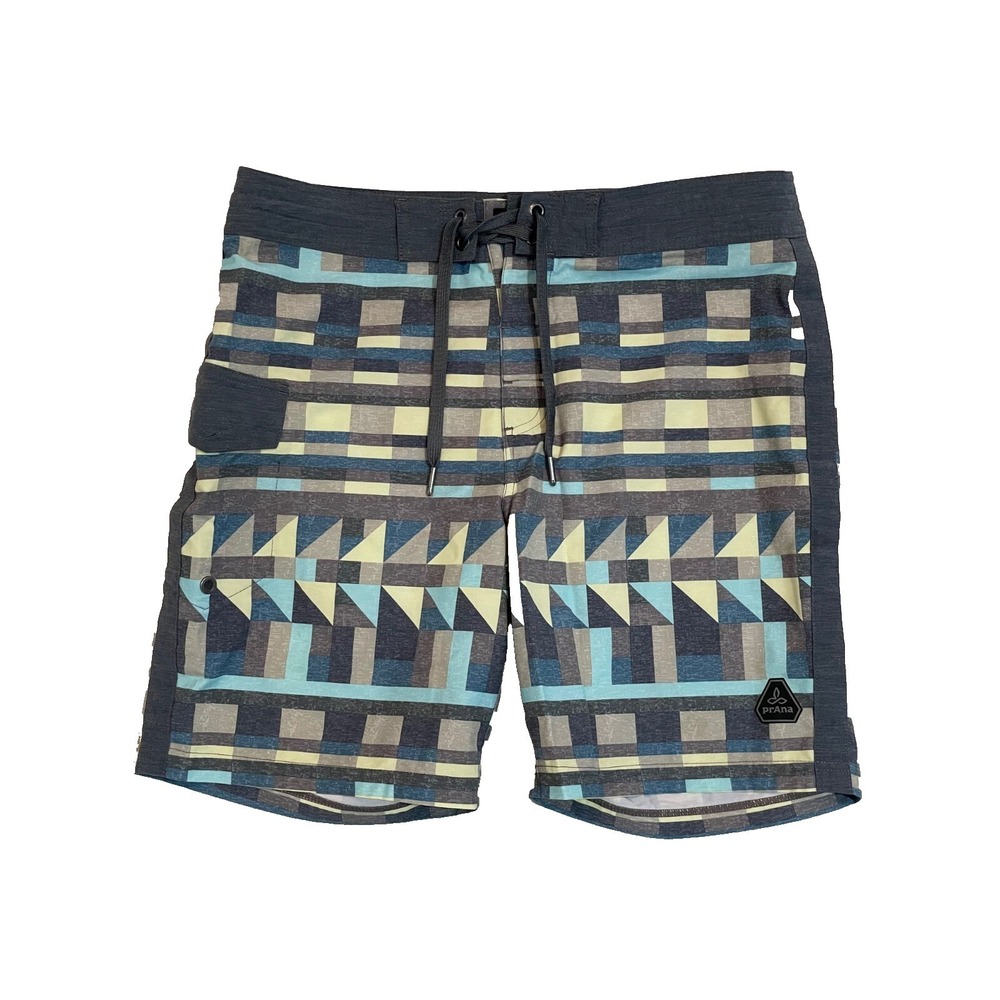 PrAna Board Shorts Men 33 /34 Blue Gray Sander Abstract Geo Chalkboard UPF50 NWT